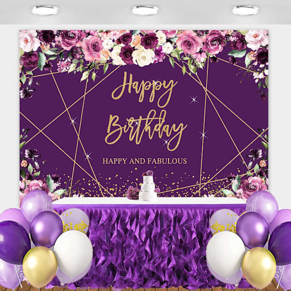 Violetti Kukkainen Kultainen Hyvää Syntymäpäivää Tausta Glitter Sparkle Geometrinen Linja Kultainen Pisteet Tausta Bday Juhlatarvikkeet Banneri 7x5ft