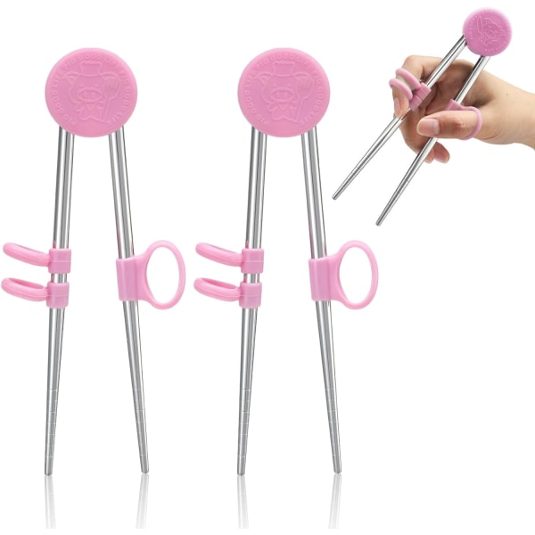 2 par träningsätpinnar för barn, barn för vuxeninlärning Ätpinnar Hjälpare Rostfritt stål Återanvändbara metallätpinnar (rosa)