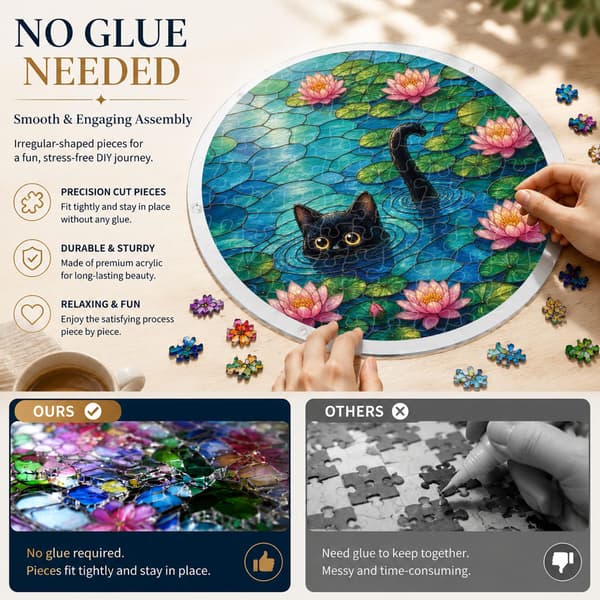 Lotus Black Cat Acrylic Puzzle Suncatcher, 83 Pieces DIY Decor