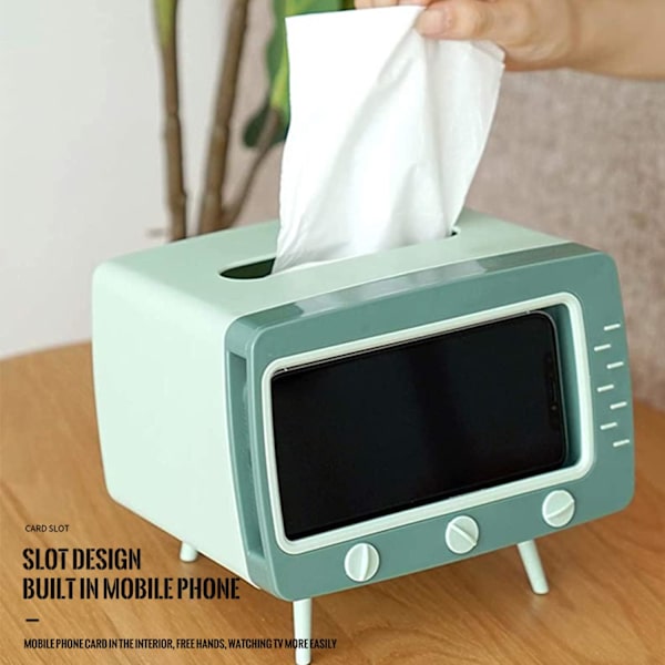 Retro TV-formad servettbehållare med telefonhållare, multifunktionell servettbehållare för kök, sovrum, kontor, vardagsrum, badrum, grön