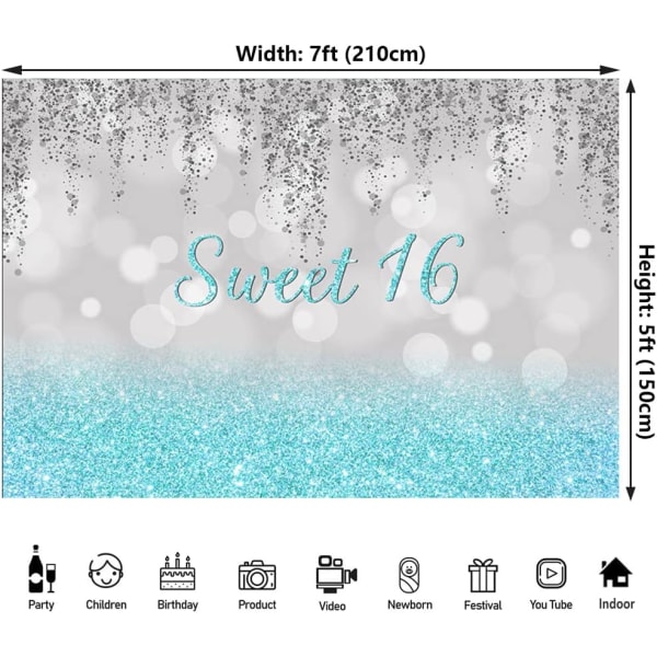 Teal Sølv 16-årsdag Dekorasjoner for Glitter Diamanter Søt 16-årsdag Bakgrunn Festartikler Bursdagsskilt Dekor Kakebord Banner