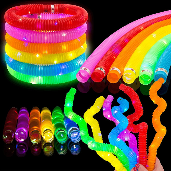 24 stk. lysende pop-rør. Glow in the dark-rør for barn. Morsomt, tøyelig leketøy