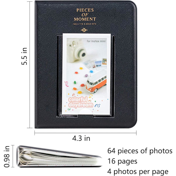64 taskun minikuvakirja, sopii Fuji Instax Mini 7s 8 8+ 9 25 26 50s 70 90 pikakameraan ja käyntikorttiin (musta 16 sivua).