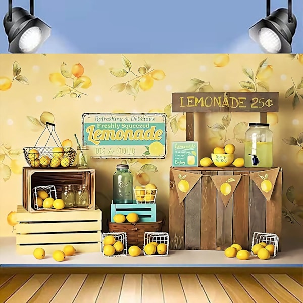 Sitruunankeltainen valokuvaustausta, viileä kesä, onnellinen syntymäpäivä, limonadimyymälän juhlat, valokuvaustausta, sitruunahääsuihku, bannerivalokuvaustausta 7x5ft