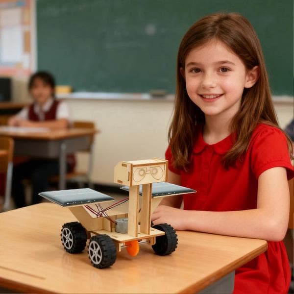 Solar Robot Kit with Solar Powered Motor, Wooden Car Model, DIY Science Experiment Toy for Kids