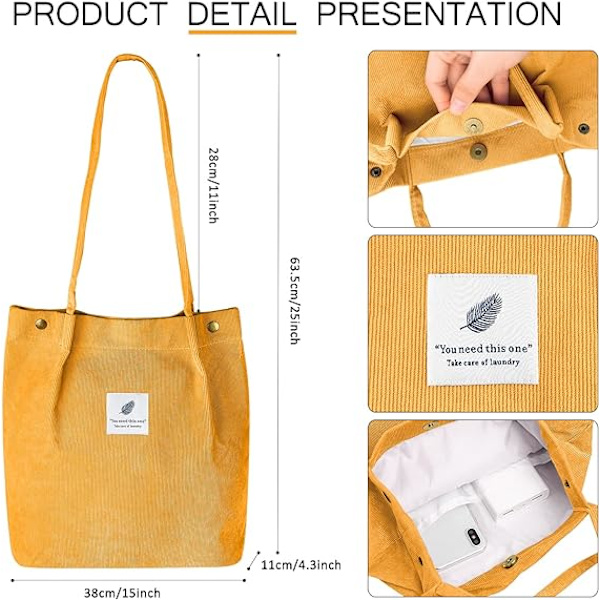 Kordväv Tote Bag för Kvinnor Canvas Axelväska med Innerficka