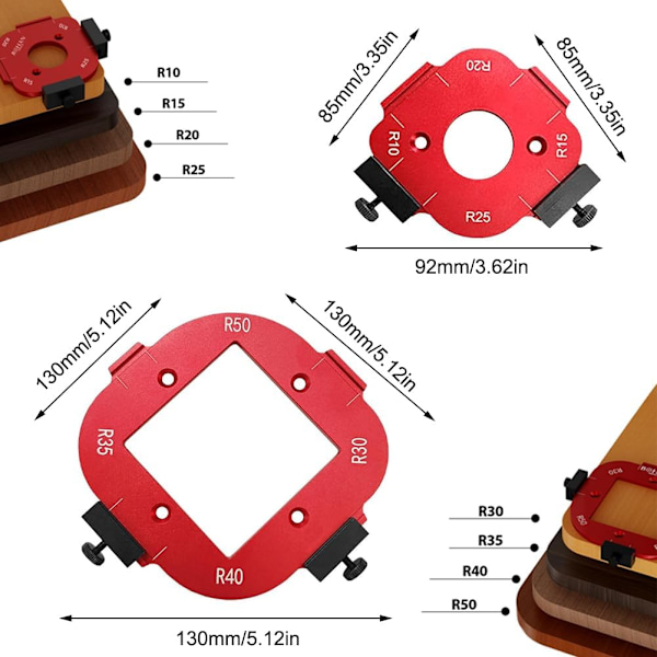 2 Styk Router Skabelon, 4 i 1 Router Radius Hurtigsæt til Træbearbejdning R10 R15 R20 R25 R30 R35 R40 R50, Radius Jig Router Skabelon Hjørne