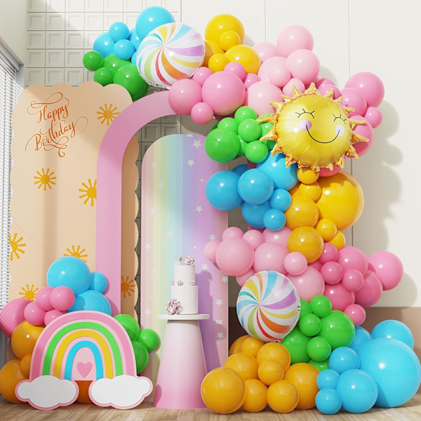 Baby Shower -koristeet, 140 kpl Auringon Ilmapallojen Garland Kaarisetti Pastellin Bohoo Lateksi Rainbow Ilmapalloja Hymyilevä Auringon Kasvot Ilmapalloja Juhlan Koristeluun