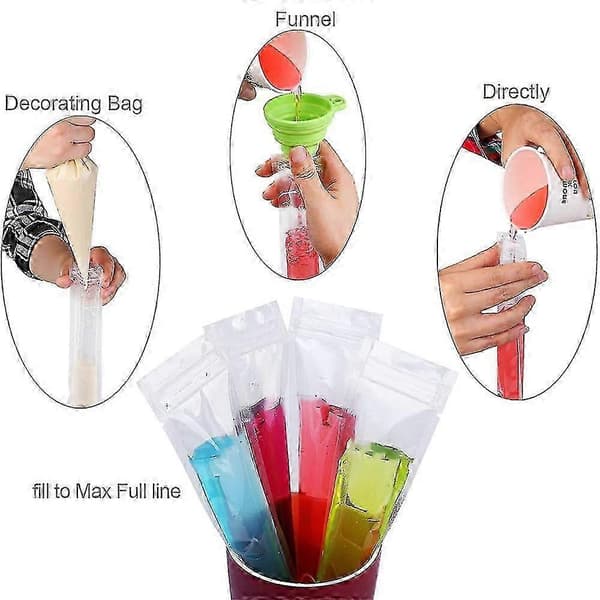 100 stk. ispinnerposer, selvforseglende ispinnerposer med trakt for snacks, yoghurt, juice, frukt 28x5.5cm