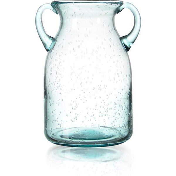 Färgglad blomvas i glas med handtag, handgjord luftbubblor glasvas för mittpunkt heminredning (grå, stor)