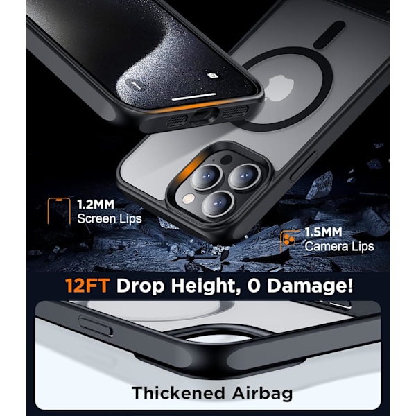 Magneettinen iPhone 16 Pro Max -kotelo, [Sisäänrakennettu näkymätön jalusta][Yhteensopiva MagSafe-tekniikan kanssa] [Sotilastason iskunkestävä] Ohut läpikuultava Black Matte iPhone 15 Pro Max