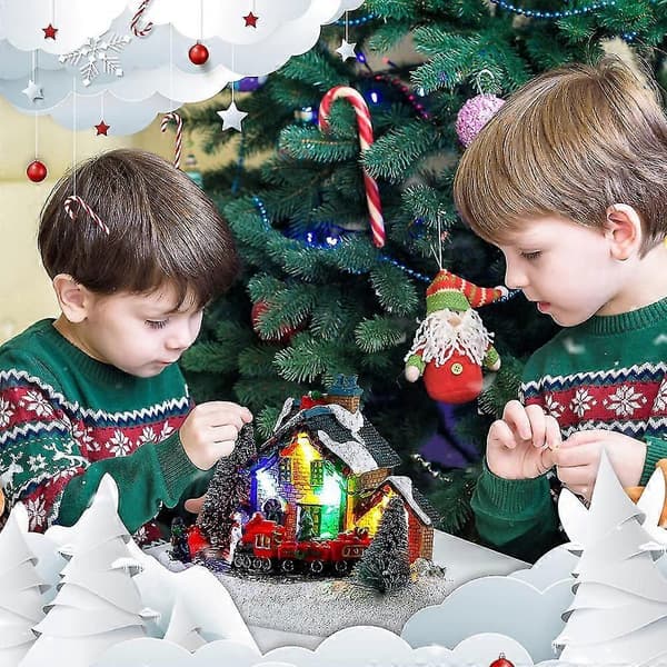 Julebyhuse Julemand Snemand Tog Sne Scene LED Lys Op Julepynt Harpiks
