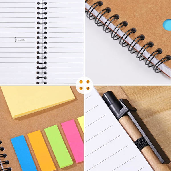 Spiral notesbog Kraft papir omslag notesblok med pen og klæbende noter og farvede indeks sidemarkører faner flag Spiral notesbog til skolekontor 4-pakning