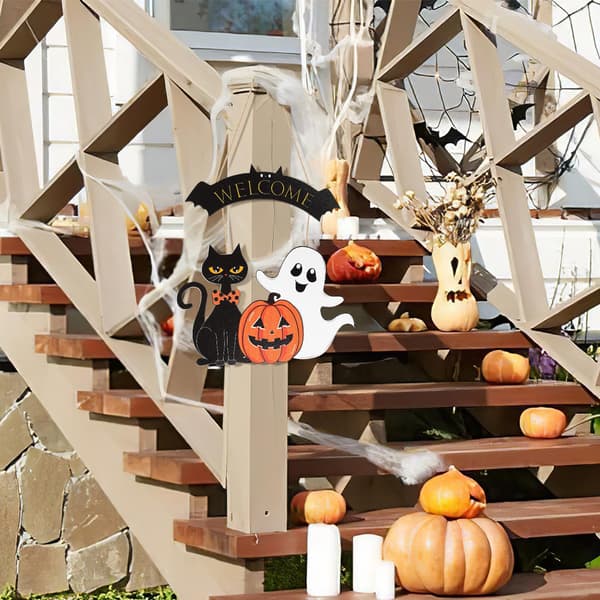 Halloween Træhængende Skilt - Spøgelse, Sort Kat & Græskar Design, Dørkrans, Glad Halloween Dekoration til Hjemmet