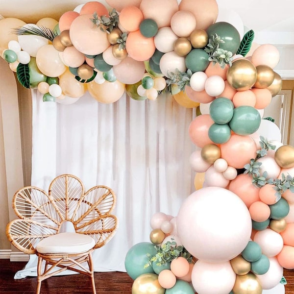 140 st Sage Green Peach Blush Rosa Ballong Garland Arch Kit för Baby Bruddusch Bröllop Jungle Safari Tema Födelsedagsfest dekorationer