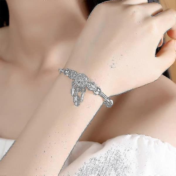 Justerbart 925 Sterling Sølv Drømmefanger Kvast Fjer Rund Perle Charm Armbånd & Armring