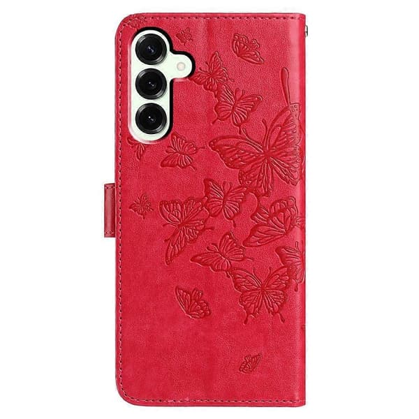 Compatible Case for Samsung Galaxy S25 FE Butterfly Printed Wallet Stand PU Leather Flip Phone Case with Strap Red