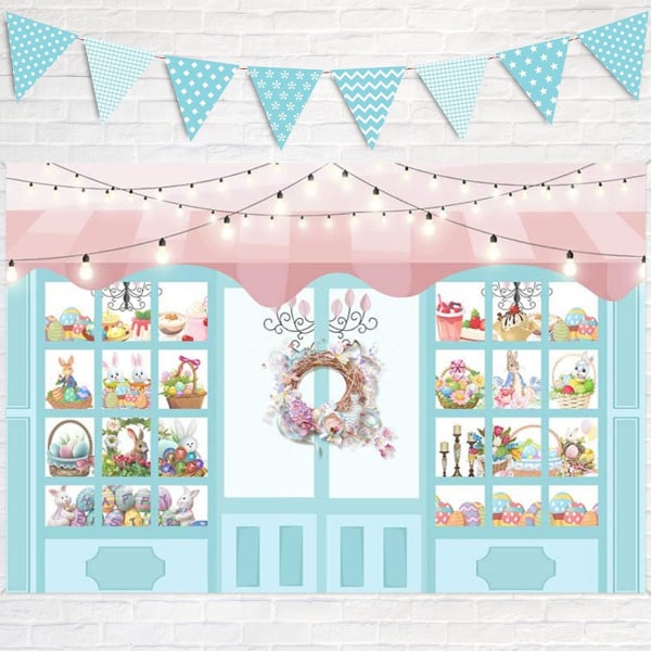 Happy Easter Bakgrunn Banner Vindu Skjerm Kaniner Fargerike Egg Fotografi Bakgrunn for Barn Nyfødt Banner Portrett Fotoboks Rekvisitter