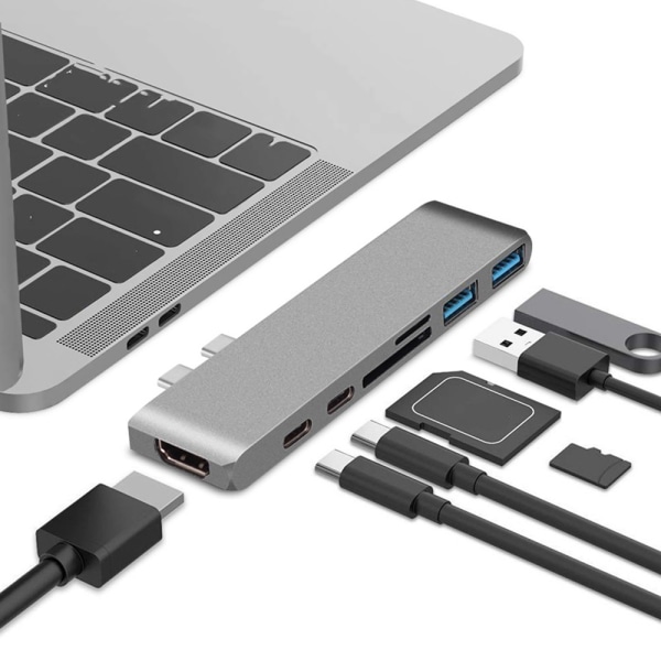 Allt-i-ett multifunktionell dubbelhuvud typ-c hub dockningsstation hub för Apple bärbara datorer med USB-C (100W PD) - grå