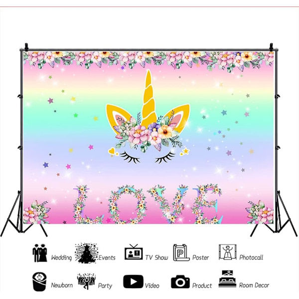 Fødselsdagsfest Enhjørning Fotobaggrund Baby Shower Blomsterbaggrund (7x5FT/2.1x1.5m)