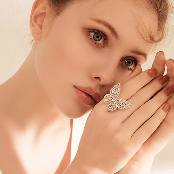 Fjärilsring för kvinnor Guld Justerbar Cubic Zirconia Ring Smycken Glittrande Sterling Silver Open Statement Ring
