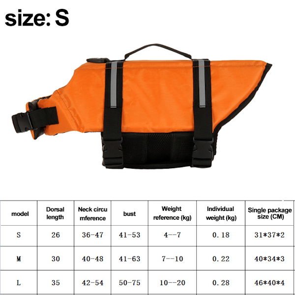 Hunde redningsvest, reflekterende redningsvest med redningshåndtak, justerbar flytevest, høy oppdriftshjelp for hunder - oransje - S