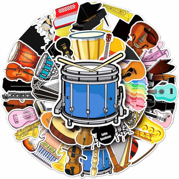 50 st instrument-tema klistermärken vinyl musik unika dekorationer för vattenflaskor, bärbara datorer, telefoner, scrapbooking, journaling, mugg dekaler-festgåvor