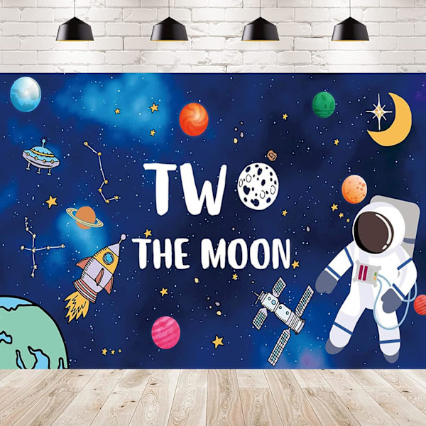 Två till månen födelsedagsbakgrund yttre rymdraket astronaut tema födelsedagsbakgrund pojke 2:a födelsedagsfest dekoration banner tillbehör