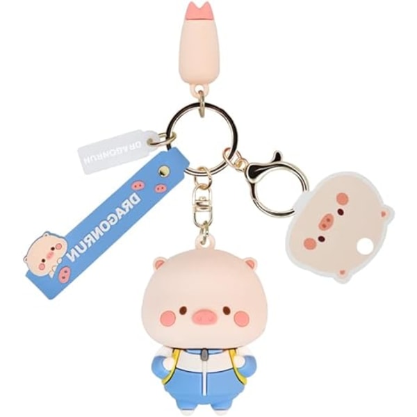 Cute Pig Couple Keychains Accessories 3d Kawaii Anime Keyring Car Key Bag Charm Decoration Gift for Girls Boys-Pigs with schoolbags-blue