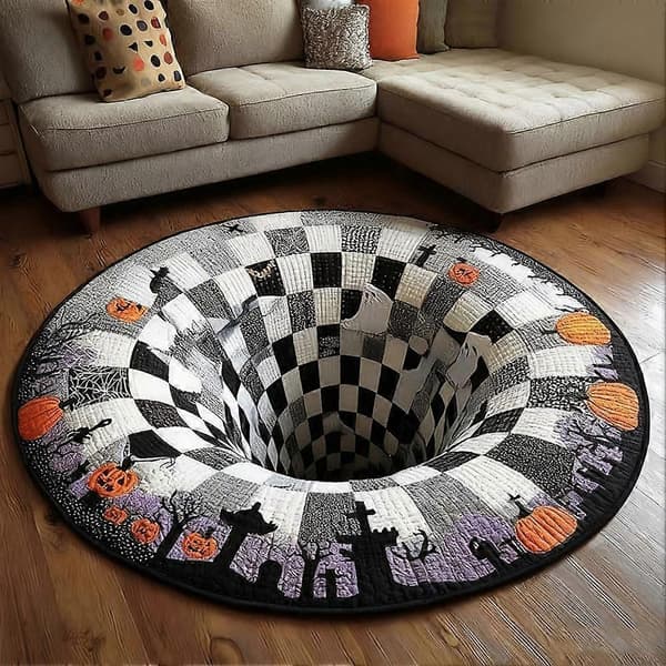 3D Halloween-tæppe - Optisk illusionstæppe med skelet- og græskardesign, blødt og vaskbart, perfekt til stue, badeværelse