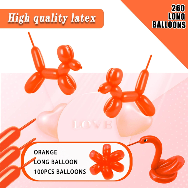 260 långa ballonger 100-pack orange vridande djurballonger Förtjockning av latexmodellering Långa magic ballonger för festdekorationer för djurmodeller