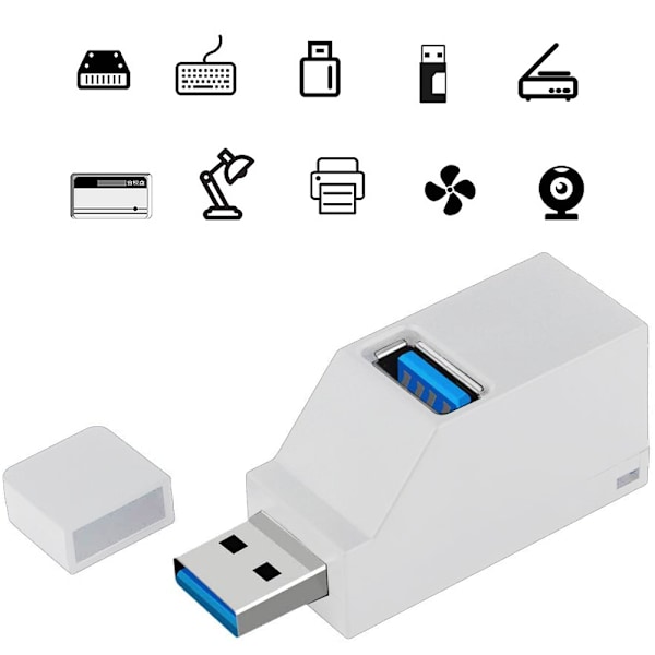 USB 3.0 3-portars hubb (2x USB 2.0 + USB 3.0), datahubb kompatibel med PC och andra USB 3.0-kompatibla enheter - Vit