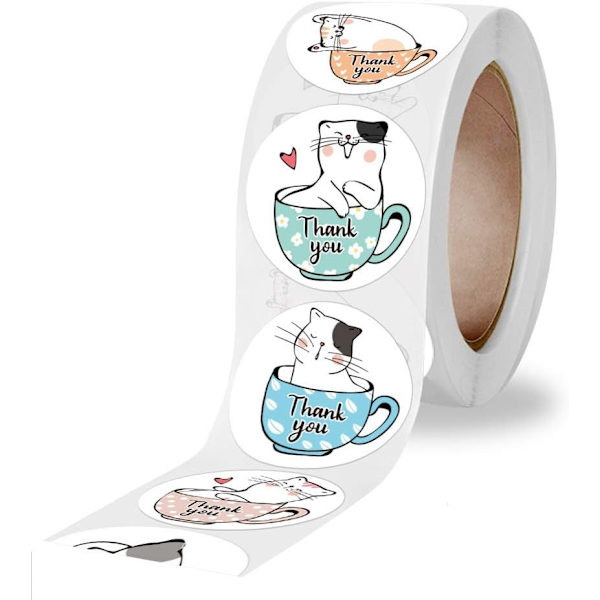 Kawaii Kat Tak Stickers Runde Tegnefilm Dyre Etiketter til Hilsenskort Håndlavet Gave Dekoration Etiketter Forseglingsklistermærke Papirvarer, 500stk/rulle