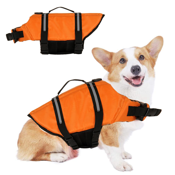 Hunde redningsvest, reflekterende redningsvest med redningshåndtak, justerbar flytevest, høy oppdriftshjelp for hunder - oransje - S