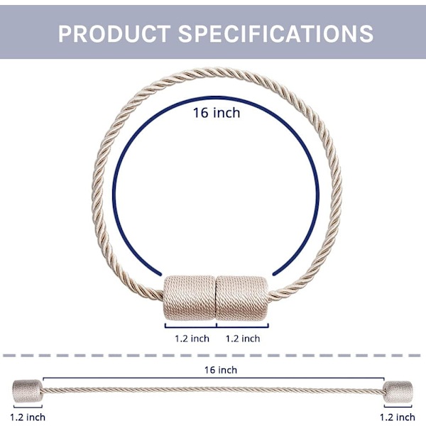 16 tuuman magneettiset verhotangot, käsintehdyt sivunaru kodin ja toimiston verhoihin (beige)