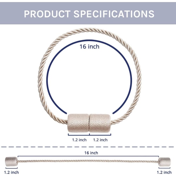 4 kappaletta 16 tuuman magneettiset verhotangot käsintehdyt punotut köydet kodin ja toimiston ikkunoiden verhoihin (beige)