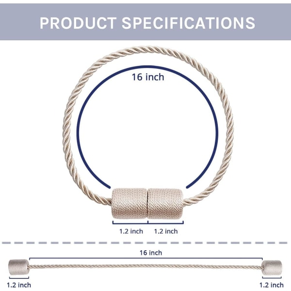 Pakke med 16 tommer magnetiske gardinholdere Håndlavet sidetov til gardiner til hjemmet og kontoret (Beige)