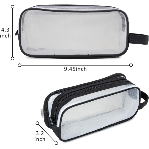Stort case med mesh , genomskinligt case med 2 fack, pennfodral med handhållen transparent sminkväska