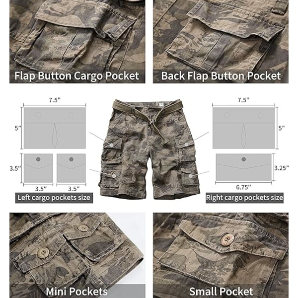 Cargo Shorts for Menn Avslappet Passform Camo Utendørs Fotturer Arbeid Bomull Casual Shorts med 9 Lommer Ingen Belte