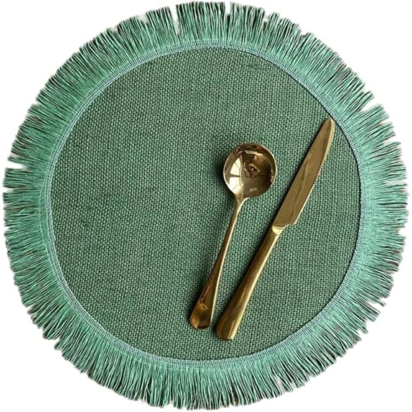 Set med 6 runda bordstabletter av jute med enkel lugg för bordsdekoration, värmeisolering (grön)
