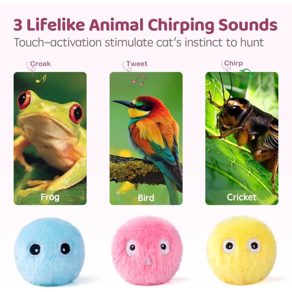 Chirping Cat Toys Balls with Silver Vine Catnip, 3 Pack Fluffy Interactive Cat Kicker, 3 Lifelike Animal Sounds, Kitty Kitten Catnip Exercise Toys