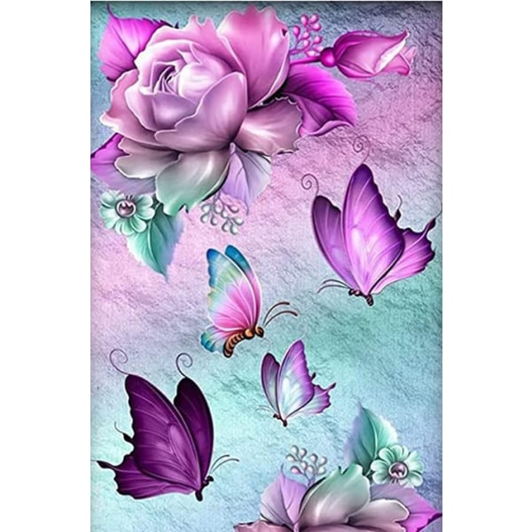 5D diamond painting, vas full av diamanter, dekorativ målning för fjärilar och fågelblommor-Lila fjärilsblomma-（12*16 tum)