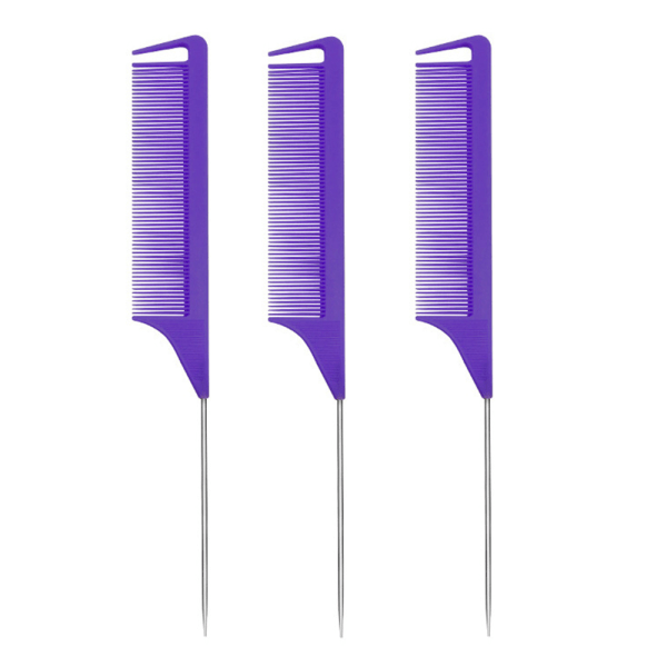 Rat Tail Combs Parting Comb: 3Pcs Rat Tail Comb Set, Long Steel Pin Rat Tail Teasing Comb, Hair Combs-Purple