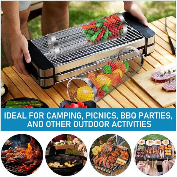 1/2 pcs Rolling Grill Baskets - Best Grill Basket Ever, Round Stainless Steel Grill Mesh 20 x 9cm 1pc
