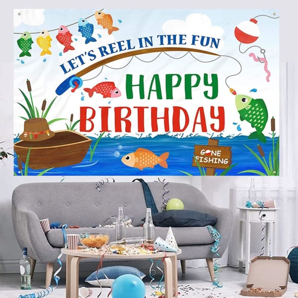 Fiskeutflukt Bakgrunn Bursdagsfest Dekorasjon La Oss Spole Inn Moroa Gratulerer Med Dagen Banner for Fotografering Bakgrunn Bursdagskake Bordsaker