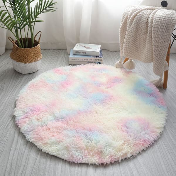 Runde fluffy regnbuetæpper til piger, farverige tæpper, lodne cirkeltæpper til pigeværelse, børneværelse indretning (120cm*120cm)