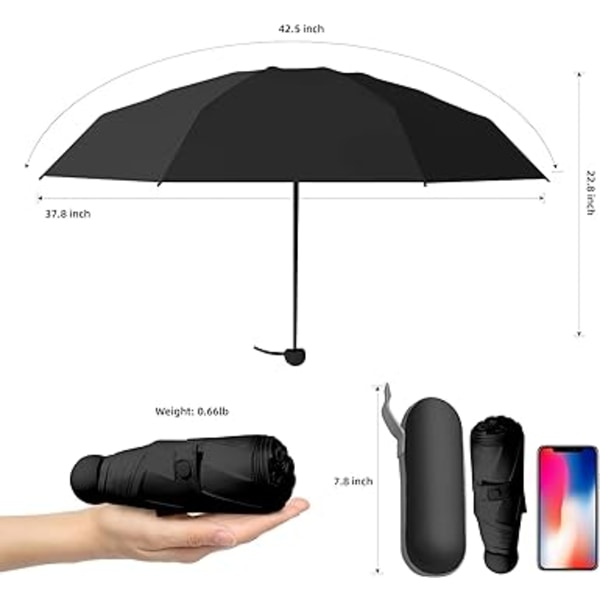 Mini-kokoinen taittuva kompakti sateenvarjo kotelolla, 8-ripainen kevyt kannettava sateenvarjo, pieni aurinko- ja sadevarjo tytöille ja naisille - Musta