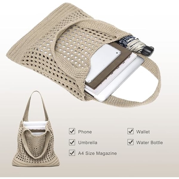 Heklet Tote Bag Estetisk Mesh Strandvesker for Kvinner