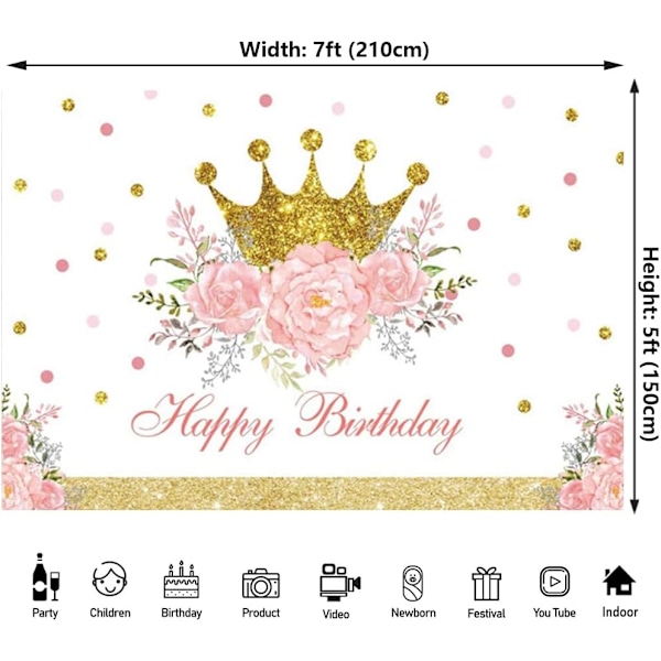 7x5ft Hyvää syntymäpäivää Tausta Tytöille Prinsessa Syntymäpäiväjuhlan Koriste Tausta Kultainen Kruunu Vaaleanpunainen Kukka Kulta Piste Juhla Banner Valokuva
