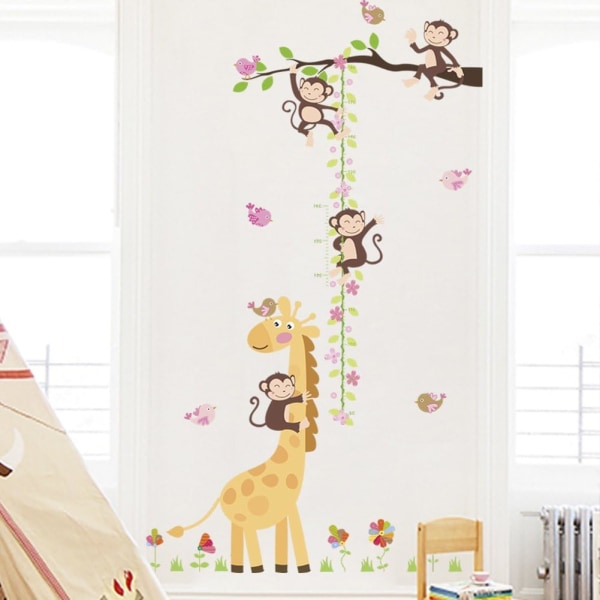 Avtagbara apor och giraffhöjdsdiagram Väggdekaler Trädgren och blomväxtlinjal för barnrum Artdekor i sovrummet Vardagsrum (fåglar)